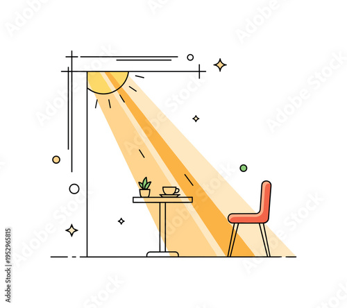 Afternoon sunlight illustration with long, warm beams entering through a window and highlighting a small table and chair, expressing comfort, rest, and