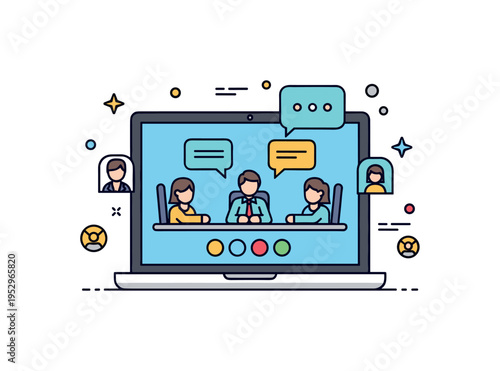 Business meeting remote video conference scene shown as a laptop screen displaying small participant silhouettes with speech bubbles, expressing digital
