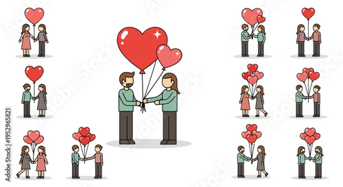 Couple Holding Heart-Shaped Balloons in Various Romantic Scenes.