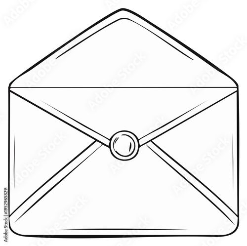 Hand drawn line art of an open envelope with a round closure and folded flap