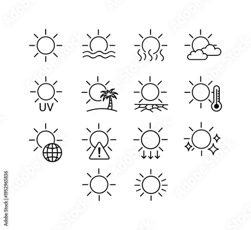 Weather Sun Icons. Line icon set of Weather Sun Icons: clear sky sun, hot temperature sun, heat wave sun, sunny forecast, UV radiation sun, summer sun, dry