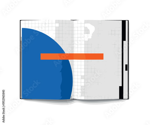 Black and white planner book opened with clean structured layout, oversized cobalt blue semicircle intersected by bright orange rectangular bar symbolizing