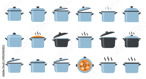 Set of various cooking pots and saucepans some steaming with lids in blue and grey colors.