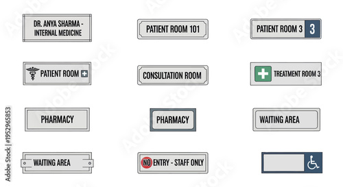 A collection of modern hospital and clinic directional and informational signs.