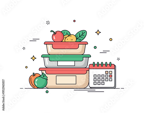 Meal prep planning scene built around stacked food containers with a small calendar icon, symbolizing organization, discipline, and consistent nutrition