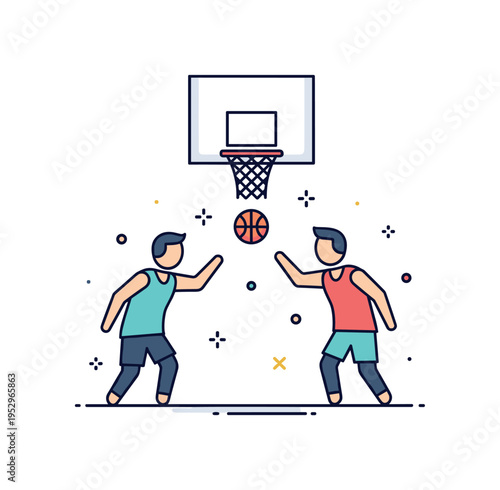 Street basketball one on one duel featuring two simplified figures facing off beneath a minimal hoop, the ball centered between them as a focal point. A