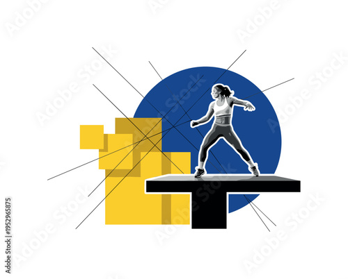 black and white aerobics instructor leading class from raised platform, deep blue circular frame and yellow geometric blocks layered behind, thin intersecting