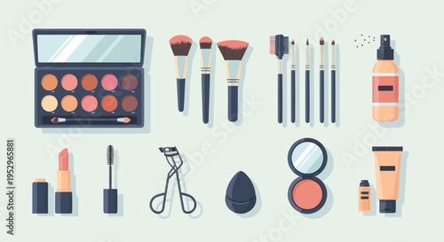 Makeup Collection: Eyeshadow Palette Brushes Lipstick and Beauty Products.