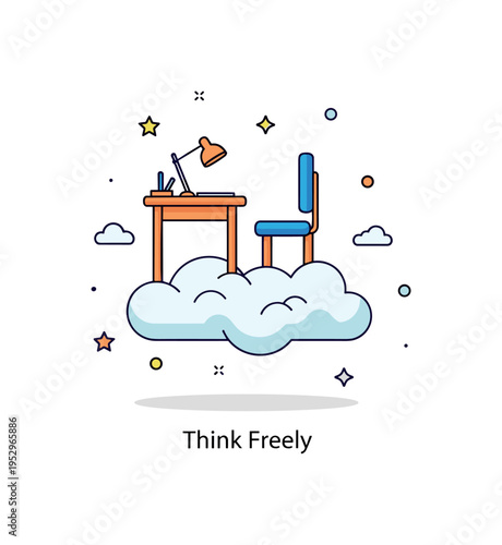Floating in the sky surreal office concept featuring a small desk and chair resting on a cloud, expressing imagination and creative thinking beyond boundaries.
