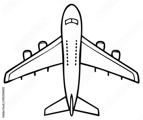 Airplane illustration in vector format showing top view with wings engines and tail fin outlined in black and white