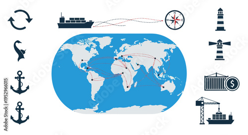 World Map with Shipping Icons Illustrating Global Trade and Logistics.