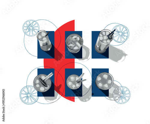 Vintage black and white overhead view of assorted cocktails, bold red semicircle intersecting the arrangement, deep blue rectangular blocks spaced evenly like