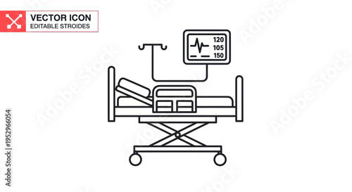 Intensive care unit hospital bed with a vital signs monitor and IV pole depicted as a simple black line vector icon.