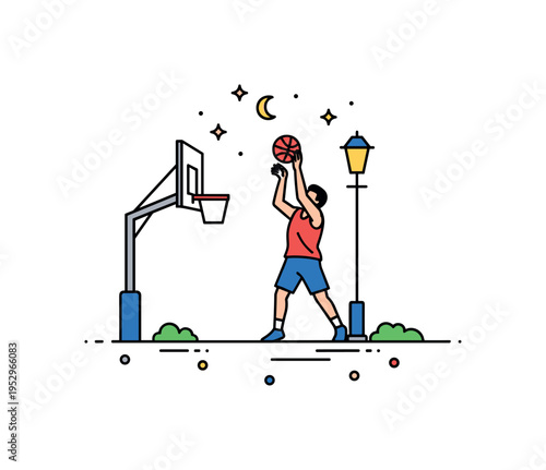 Street basketball night court vibe showing a player shooting under a small stylized streetlamp with subtle star accents above. The composition