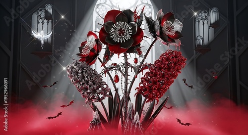 3D render of dark gothic flowers with bats and red smoke in an ornate hall