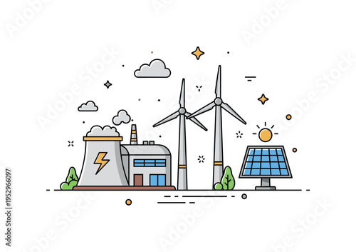 Renewable energy plant design featuring a small power station building paired with wind turbines and a solar panel icon, symbolizing diversified clean energy