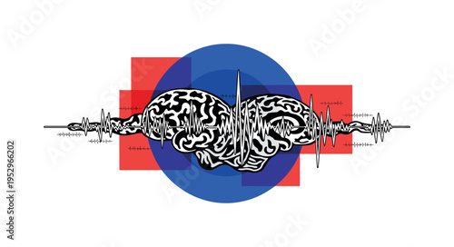 Black and white abstract brain illustration merged with vinyl record texture, bold red circle integrated into the record center, cobalt blue rectangular block