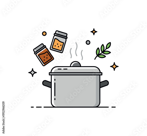 Simple home cooking compact kitchen scene with a pot, two spices and a single herb sprig floating as subtle accents, conveying ease, clarity and confidence in