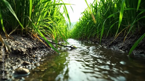 Water flowing through irrigation channel in lush rice field for agriculture and farming content