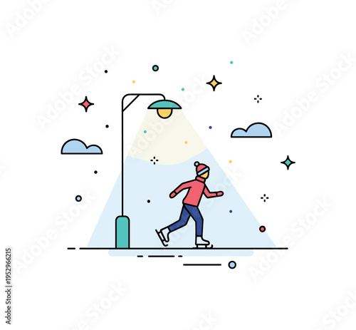 Evening ice skating under lights illustrated with a skater gliding beneath a simple lamp post and small star accents in the sky, conveying calm, atmosphere,
