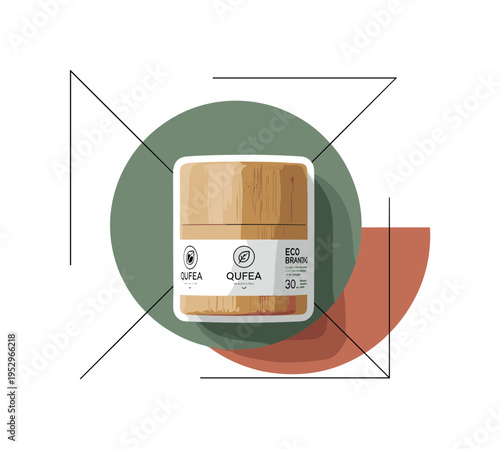 Black and white product mockup made from bamboo and organic materials, oversized muted green circle centered behind object, terracotta semicircle overlapping