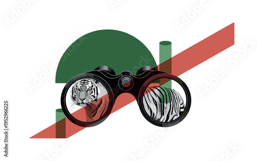 Black and white binoculars framing a wild tiger inside the lenses, oversized forest green semicircle behind the binocular shape, sharp terracotta red diagonal