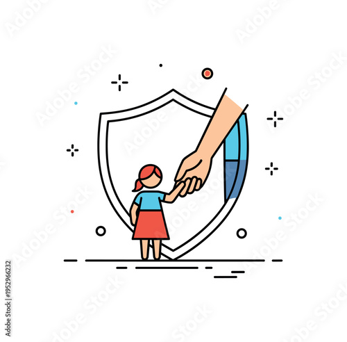 Child safety protection represented by a small figure holding an adult hand within a gentle shield outline, symbolizing care, supervision, and secure