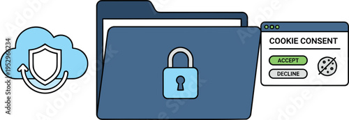 Flat vector illustration of a data privacy set featuring a secure folder cloud encryption and cookie consent settings.