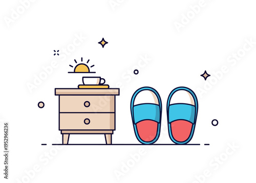 Slippers at bedside morning comfort theme showing a pair of plush slippers positioned near a simple bedside table with a tiny rising sun icon. The composition