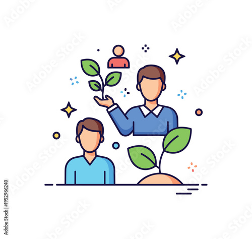 Confidence building coaching concept centered on a mentor standing beside a client figure with a growing plant icon, symbolizing nurtured potential and steady