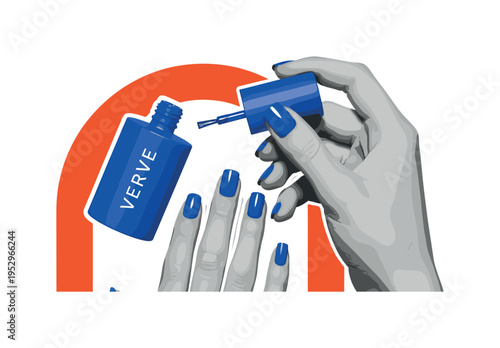 black and white hand applying bright cobalt nail polish, exaggerated cylindrical polish bottle in flat color, bold orange arc framing the gesture, layered