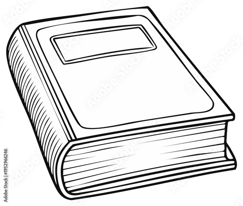 A closed hardcover book with a blank cover hand drawn black and white outline illustration