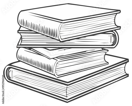 Stack of four books with detailed outlines, vintage illustration.