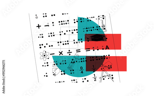black and white braille worksheet with mathematical symbols, enlarged tactile dots prominent, layered with teal semicircle and red rectangular