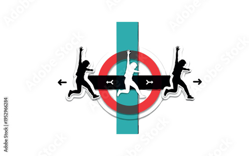 Black and white silhouette repeated three times to show upward jump progression, bold red circular frame around central figure, teal vertical rectangle