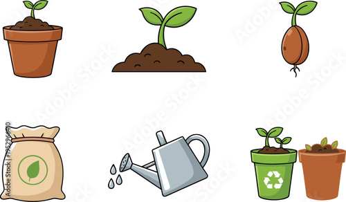 Flat vector illustration of a gardening set featuring young plant seedlings in pots a watering can and fertilizer.