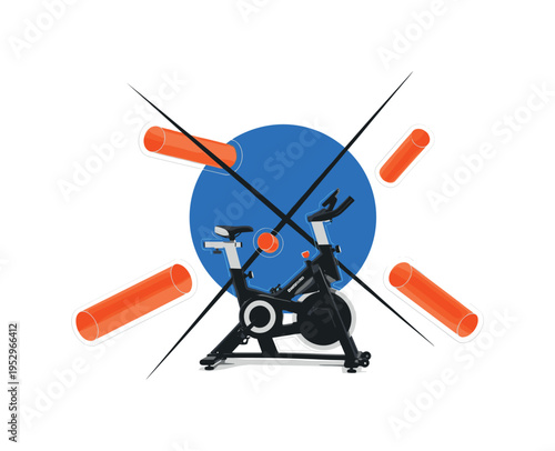 Black and white stationary bike centered in composition, large blue sun-like circle behind intersected by sharp black lines, orange cylindrical forms floating
