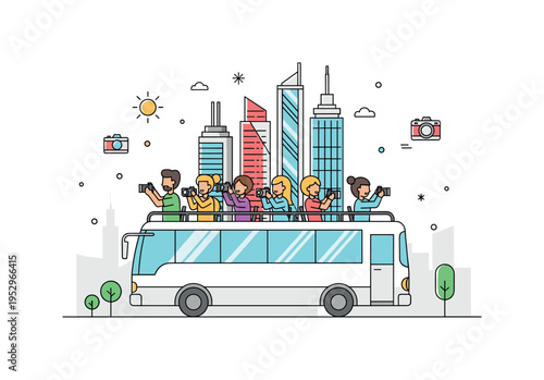 Guided city excursion with passengers on an open top bus taking photos of distinctive skyline structures, conveying excitement, tourism, and first impressions
