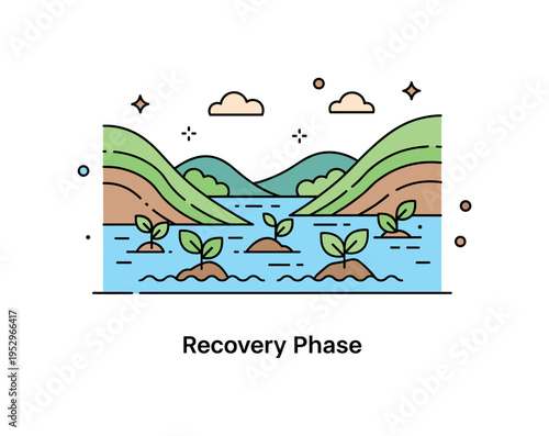 Flooded valley environmental resilience concept with layered hills and water receding to reveal small sprouting plants, symbolizing renewal and ecosystem