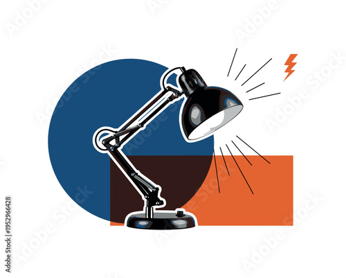 Black and white vintage desk lamp as the main object, realistic metal texture, cut-out effect with bold white outline, layered over oversized deep blue