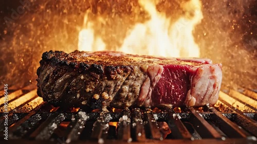 Juicy ribeye steak sizzling and settling on hot grill with dramatic fire flames for food and restaurant content