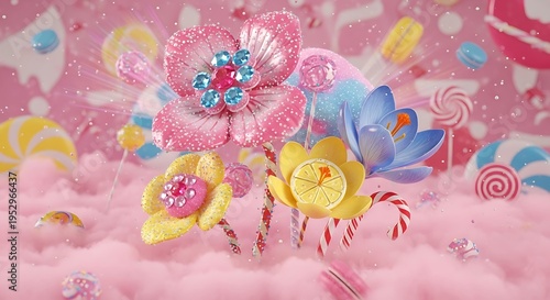 3D render of candy flowers with macarons and lollipops in pink cotton candy festive and sweet
