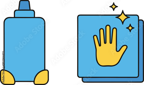 Flat vector illustration of a hygiene set featuring a bottle of sanitizer and antibacterial disinfecting hand wipes.
