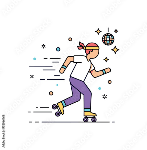 80s inspired roller jam scene depicted by a skater silhouette with a headband and subtle motion lines beneath a small disco ball accent, conveying confidence,