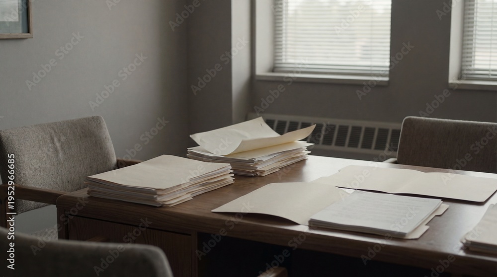Fototapeta premium Stack of documents and folders on a wooden desk in an office. Paperwork and files on a table, legal or administrative concept.