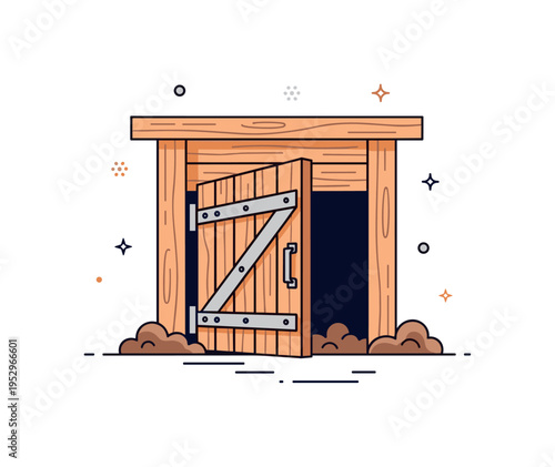 Rural barnyard gate illustration showing a wooden pigsty door slightly ajar with soft mud shapes at the base, symbolizing daily chores and livestock