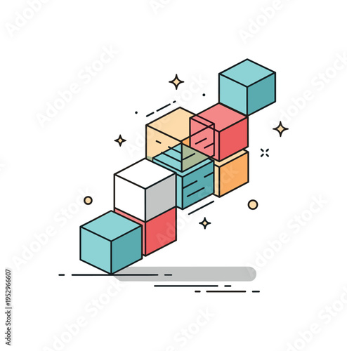 Dynamic volumes architectural massing study represented by stacked cubic forms shifting slightly in perspective with gentle shadow separation. The scene