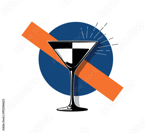 Monochrome oversized martini glass silhouette centered boldly, dramatic contrast and vintage feel, large abstract circle behind in deep blue symbolizing
