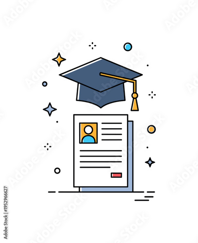 Reskilling and education concept with a graduation cap placed above a simple resume document icon. The scene conveys learning, reinvention, and preparation for