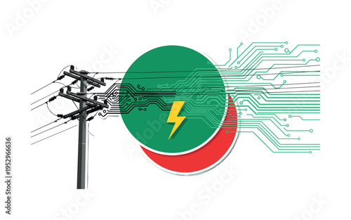 Black and white realistic power pole with multiple cables transforming into abstract circuit lines, vivid emerald green circular halo anchoring composition,